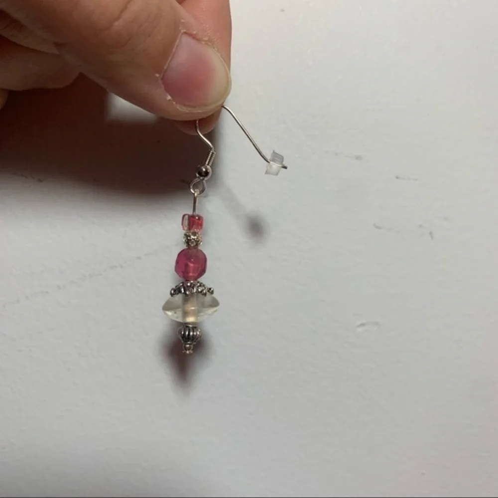 Pink, Clear and Silver Beaded Drop Earrings - Picture 2 of 2